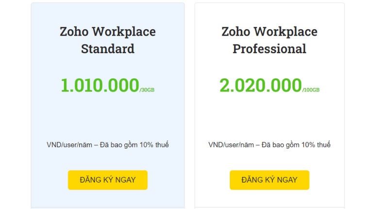 Bảng giá các giải pháp của Zoho Workplace